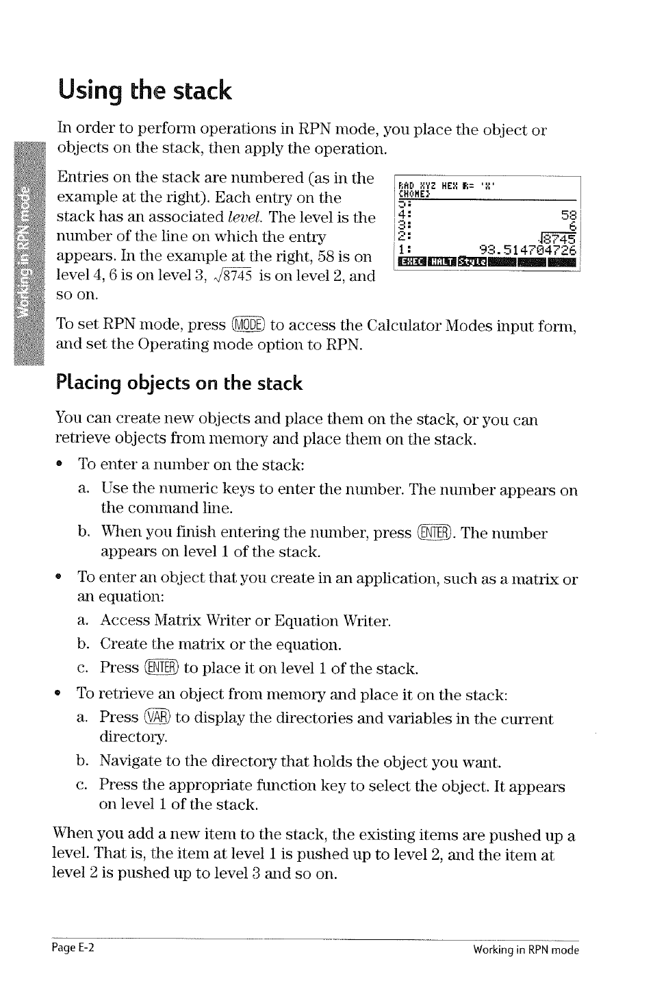 Using the stack, Placing objects on the stack | HP 49g Graphing Calculator User Manual | Page 226 / 242