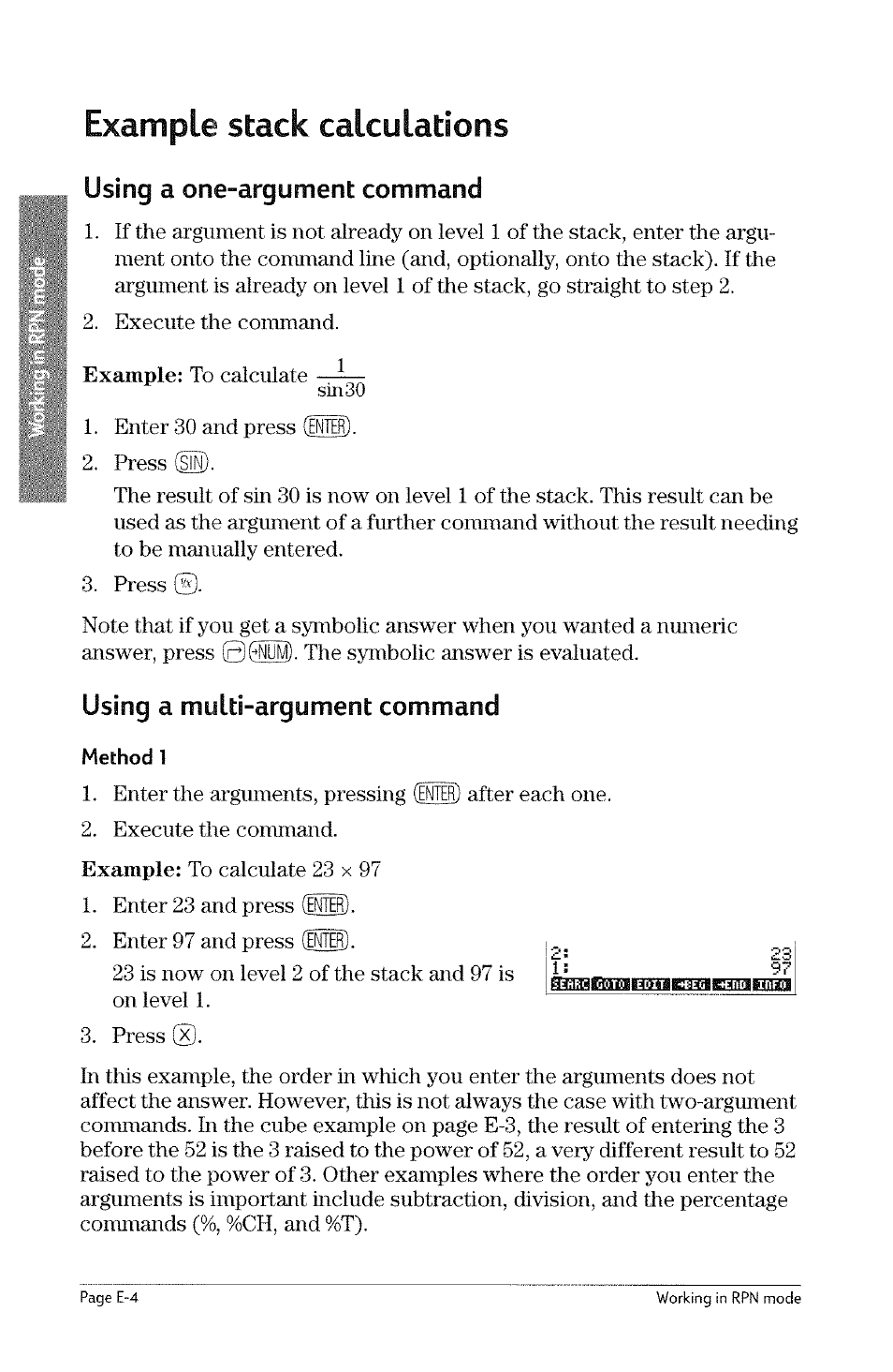 Example stack calculations, Using a one-argument command, Using a multi-argument command | HP 49g Graphing Calculator User Manual | Page 228 / 242