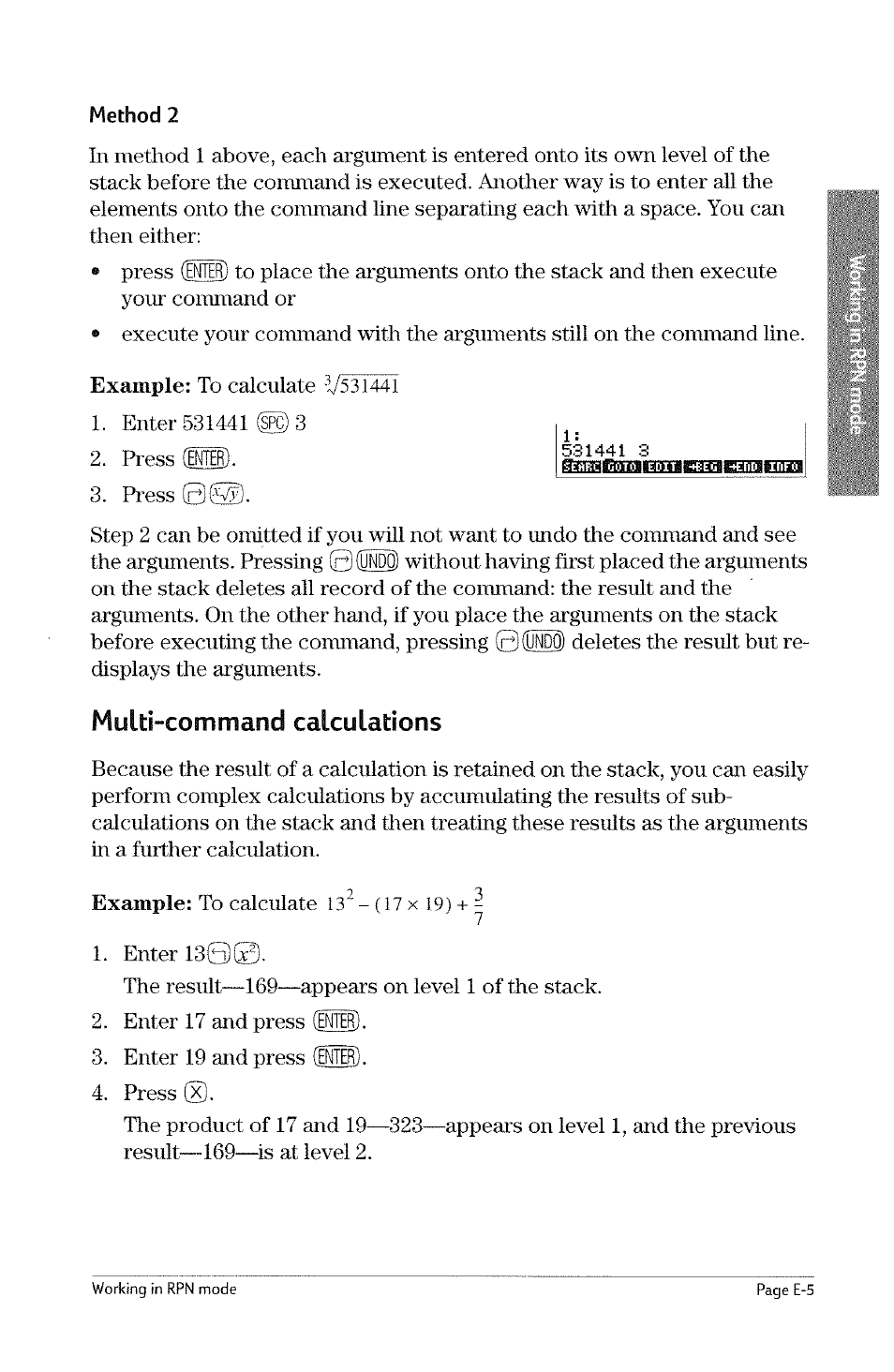 Multi-command calculations, Command line calculations -24, 0(5f) | Example, 17 x 19) | HP 49g Graphing Calculator User Manual | Page 229 / 242