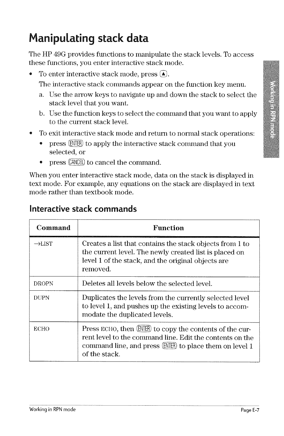 Manipulating stack data, Interactive stack commands, Command function | Interactive, List, Dropn, Dupn, Btcho, Echo | HP 49g Graphing Calculator User Manual | Page 231 / 242