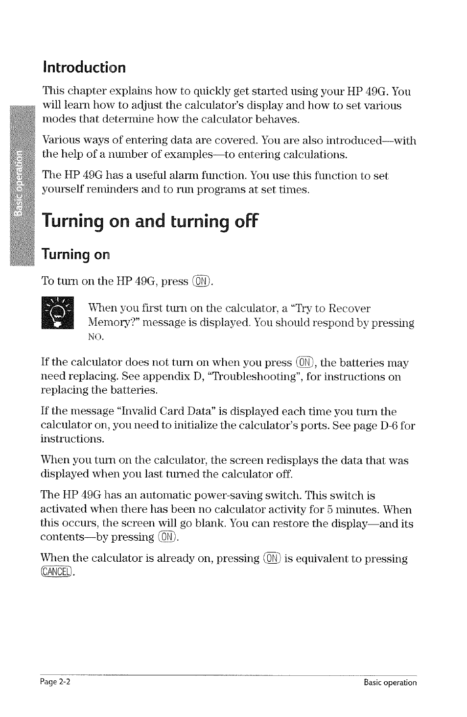 Turning on and turning off, Turning on, Turning on and turning off -2 | Turning on -2, Introduction | HP 49g Graphing Calculator User Manual | Page 30 / 242