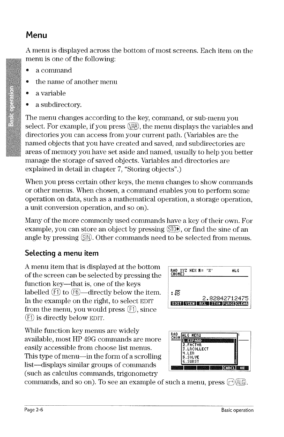 Menu, Menu -6, Edit | Selecting a menu item | HP 49g Graphing Calculator User Manual | Page 34 / 242