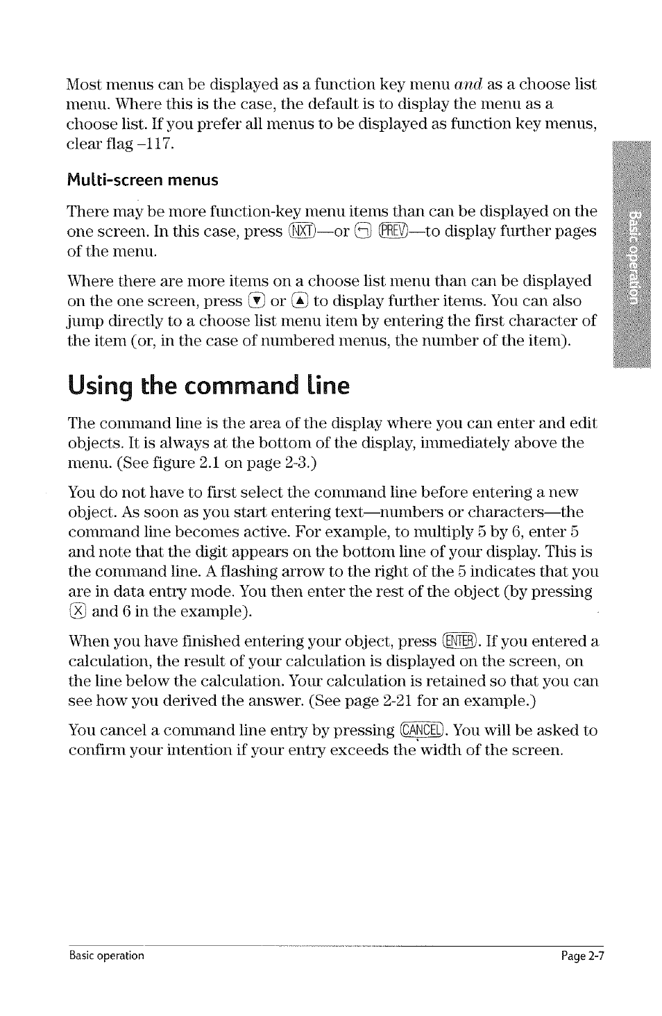 Multi-screen menus, Using the command line, Using tire command line -7 | HP 49g Graphing Calculator User Manual | Page 35 / 242