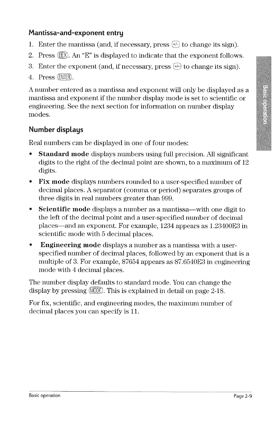 Mantissa-and-exponent entry, Number displays, Standard mode | Mode | HP 49g Graphing Calculator User Manual | Page 37 / 242