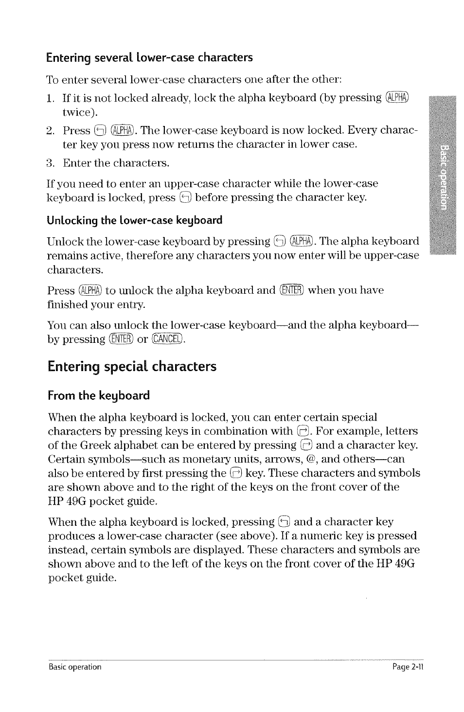 Entering special characters, From the keyboard, Entering characters -10 | 0 (ipha), 0 (0ha) | HP 49g Graphing Calculator User Manual | Page 39 / 242