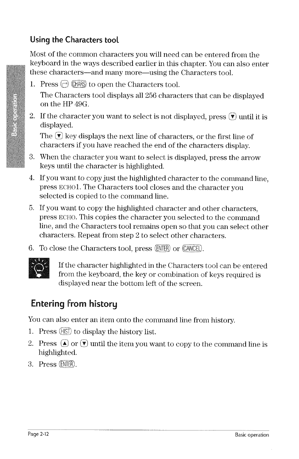 Entering from history, Entering from history -12, Echol | Echo, Entering | HP 49g Graphing Calculator User Manual | Page 40 / 242