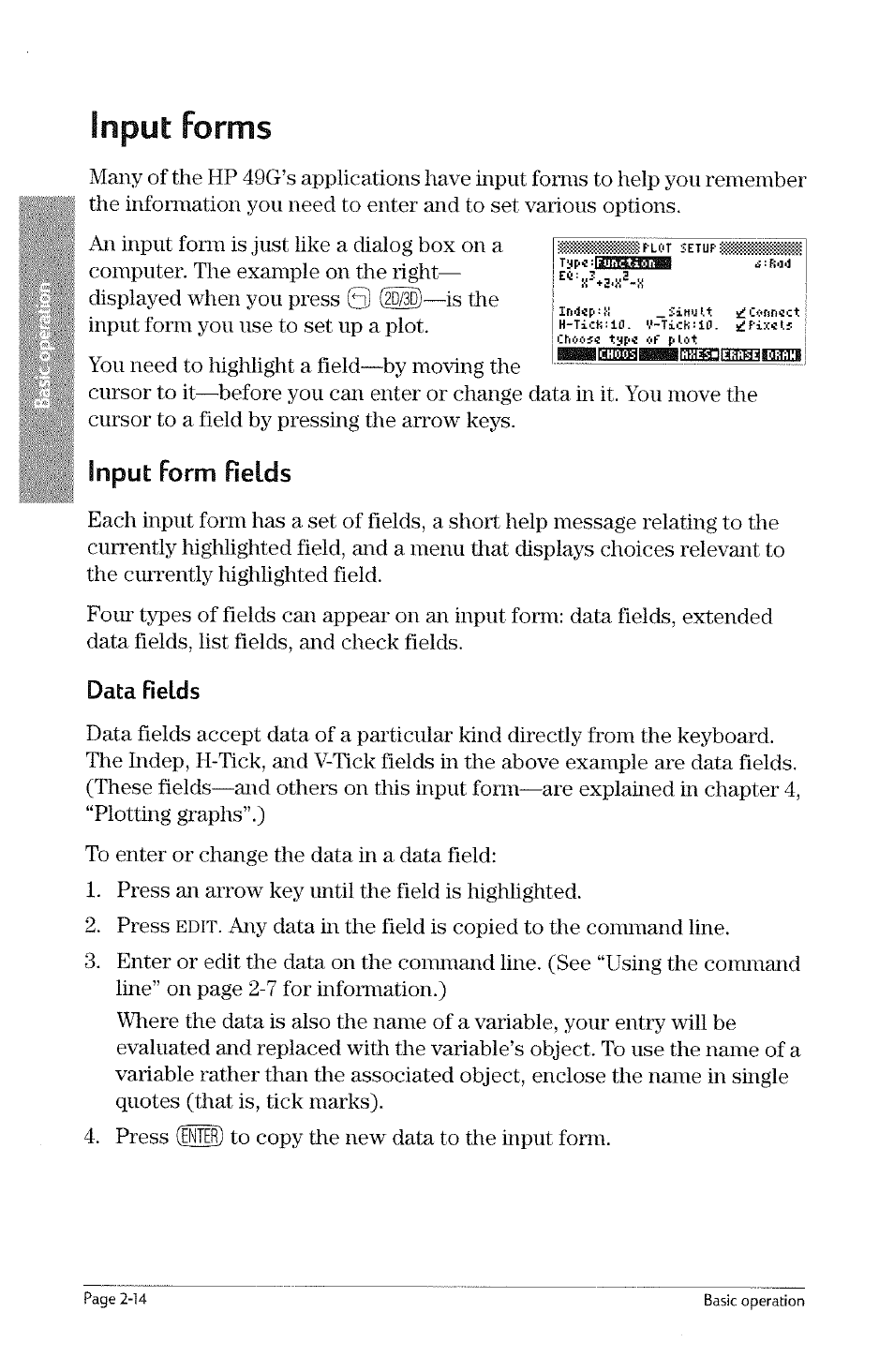 Input forms, Input form fields, Data fields | Input forms -14, Input form fields -14, Edit | HP 49g Graphing Calculator User Manual | Page 42 / 242