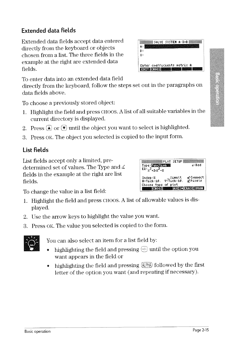 Extended data fields, List fields, Choos | Data | HP 49g Graphing Calculator User Manual | Page 43 / 242