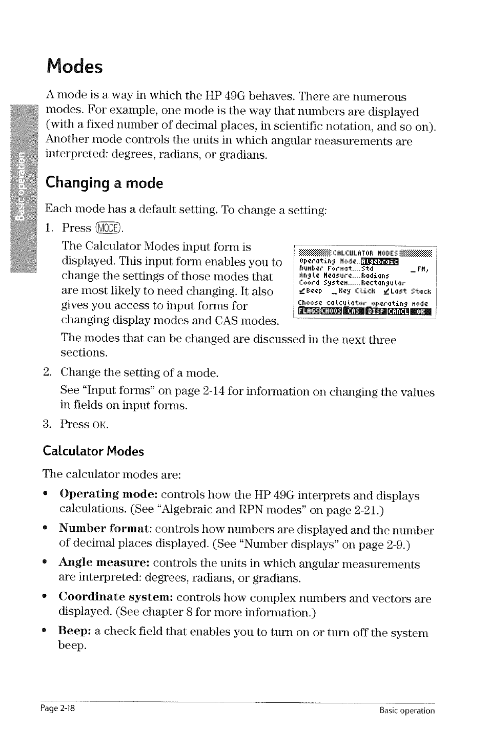 Modes, Changing a mode, Calculator modes | Modes -18, Changing a mode -18, Operating mode, Number format, Angle measure, Coordinate system, Beep | HP 49g Graphing Calculator User Manual | Page 46 / 242