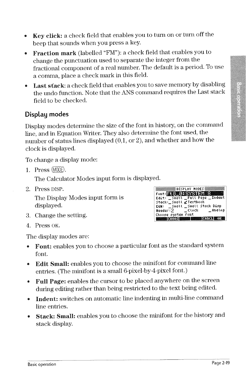 Font, Full, Indent | Disp, Display modes | HP 49g Graphing Calculator User Manual | Page 47 / 242