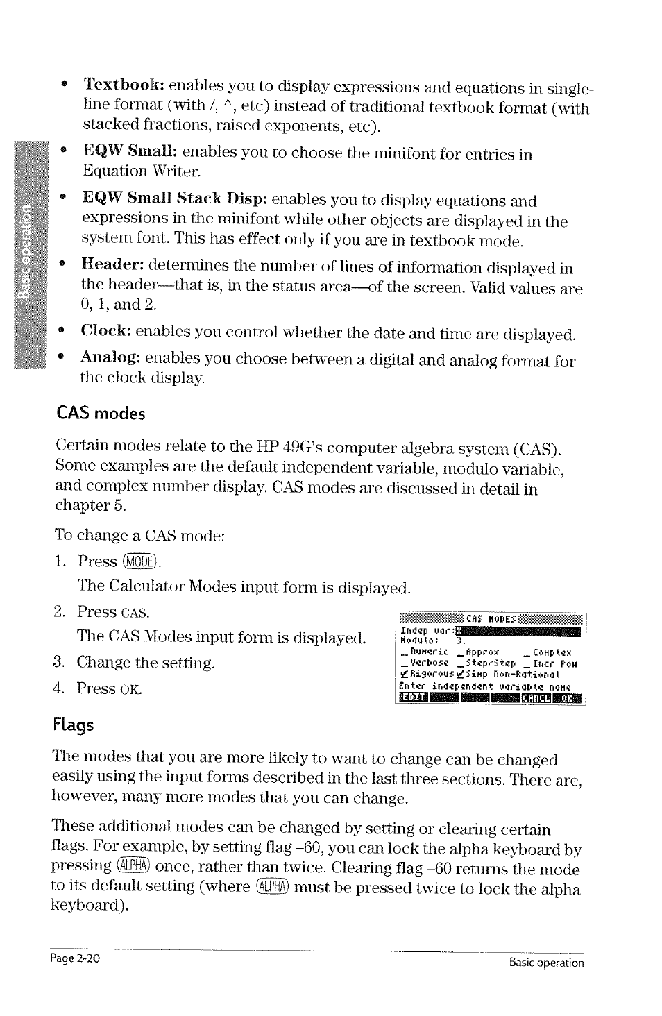 Cas modes, Flags, Disp | Btoibhghbiaibahhiti’hbmmi | HP 49g Graphing Calculator User Manual | Page 48 / 242