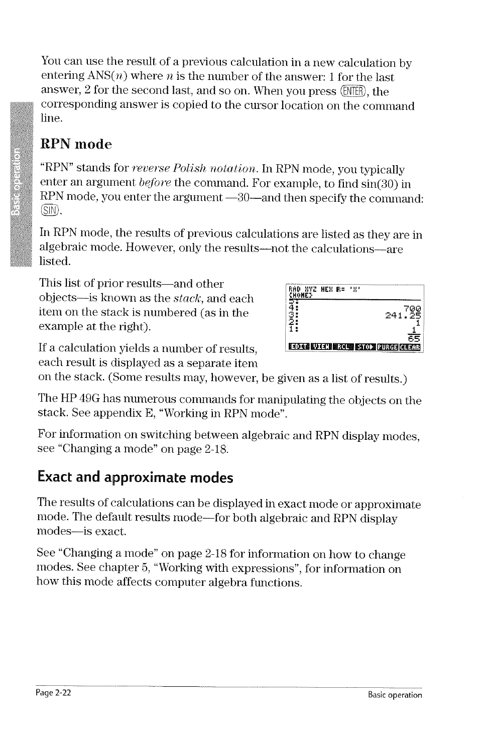 Exact and approximate modes, Exact and approximate modes -22, Rpn mode | Reverse polish notation, Before, Stack | HP 49g Graphing Calculator User Manual | Page 50 / 242