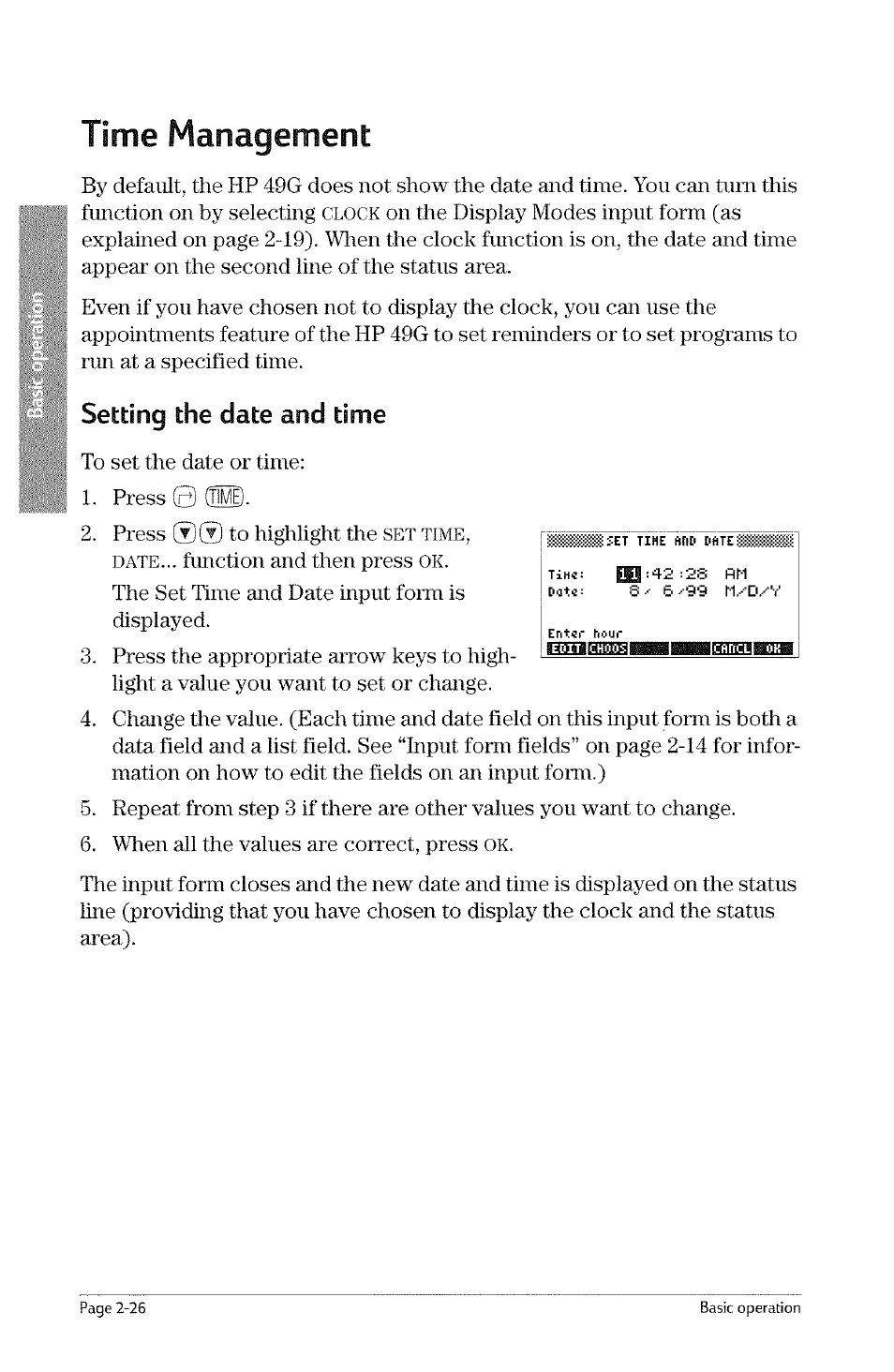 Setting the date and time, Setting the date and time -26, Time management | Clock, Date... function and then press ok | HP 49g Graphing Calculator User Manual | Page 54 / 242