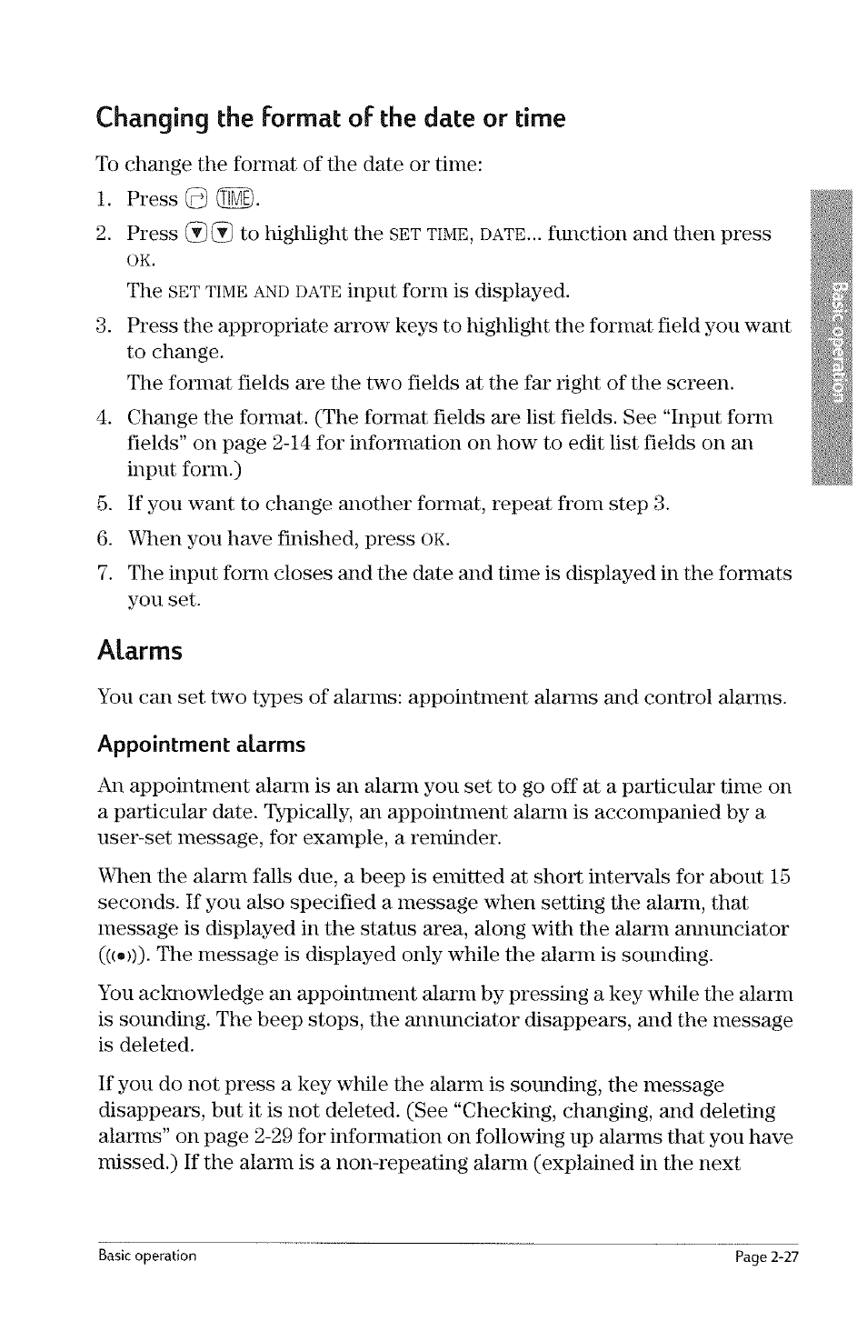 Changing the format of the date or time, Changing the format of the date or time -27, Set time, date | Set time and date, Alarms | HP 49g Graphing Calculator User Manual | Page 55 / 242