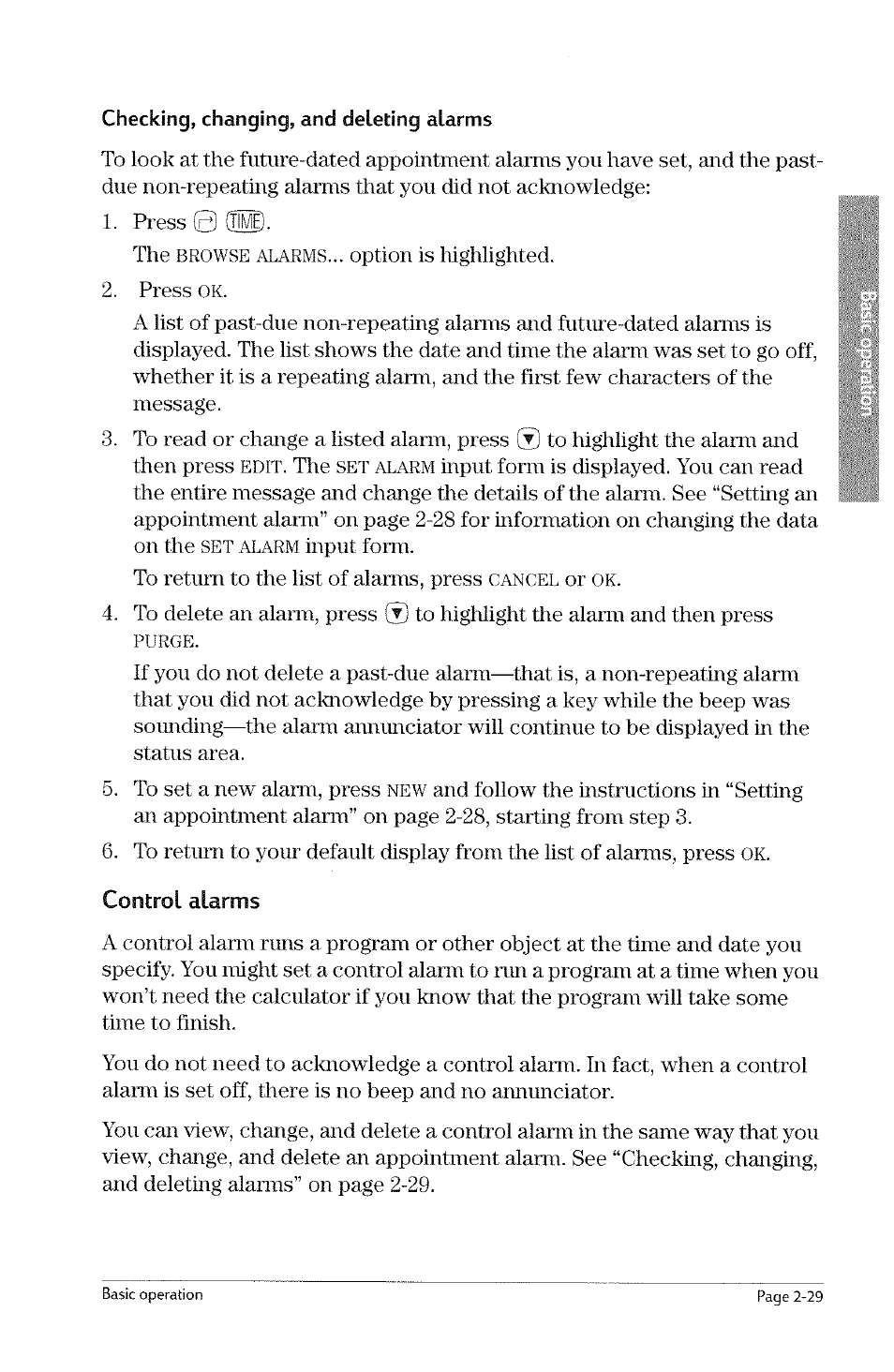 Browse alarms, Cancel, Purge | HP 49g Graphing Calculator User Manual | Page 57 / 242