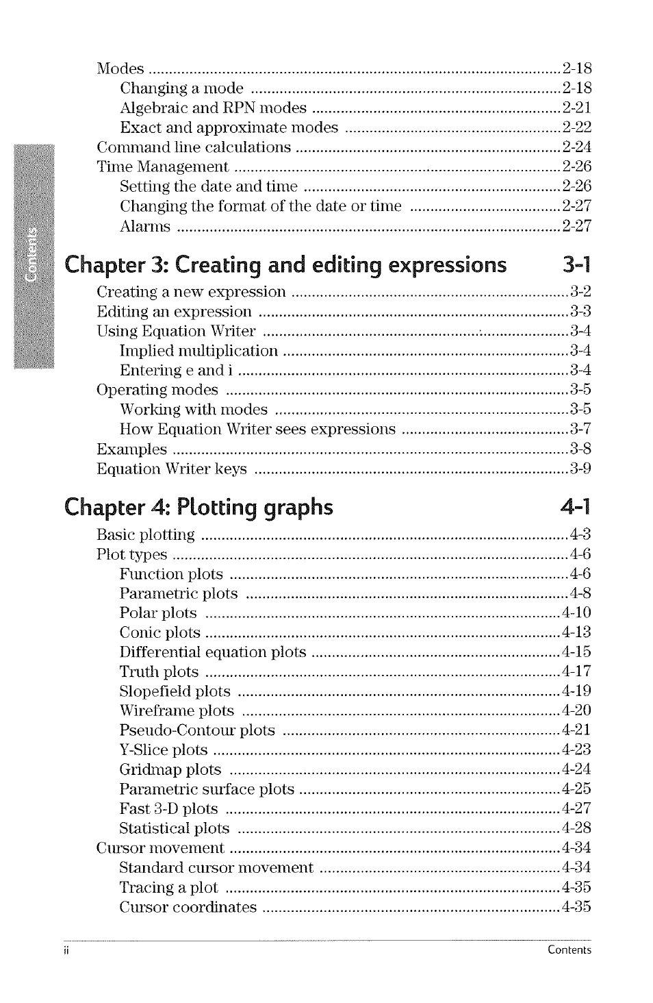 Chapter 3: creating and editing expressions 3-1, Chapter 4: plotting graphs 4-1 | HP 49g Graphing Calculator User Manual | Page 6 / 242