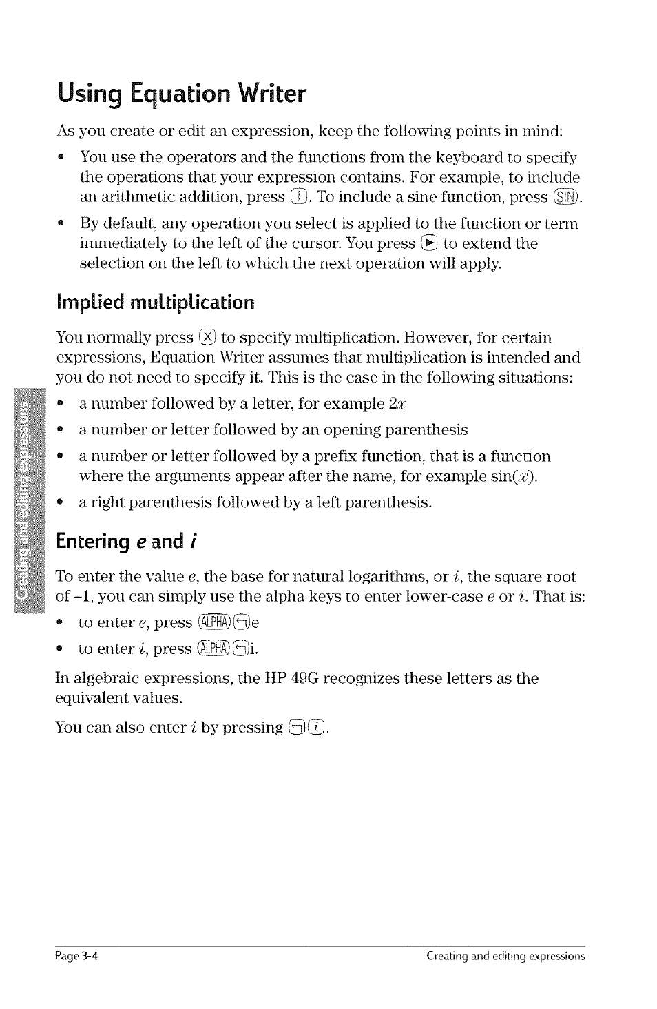 Using equation writer, Entering e and, Entering e and i -4 | Multiplication | HP 49g Graphing Calculator User Manual | Page 62 / 242