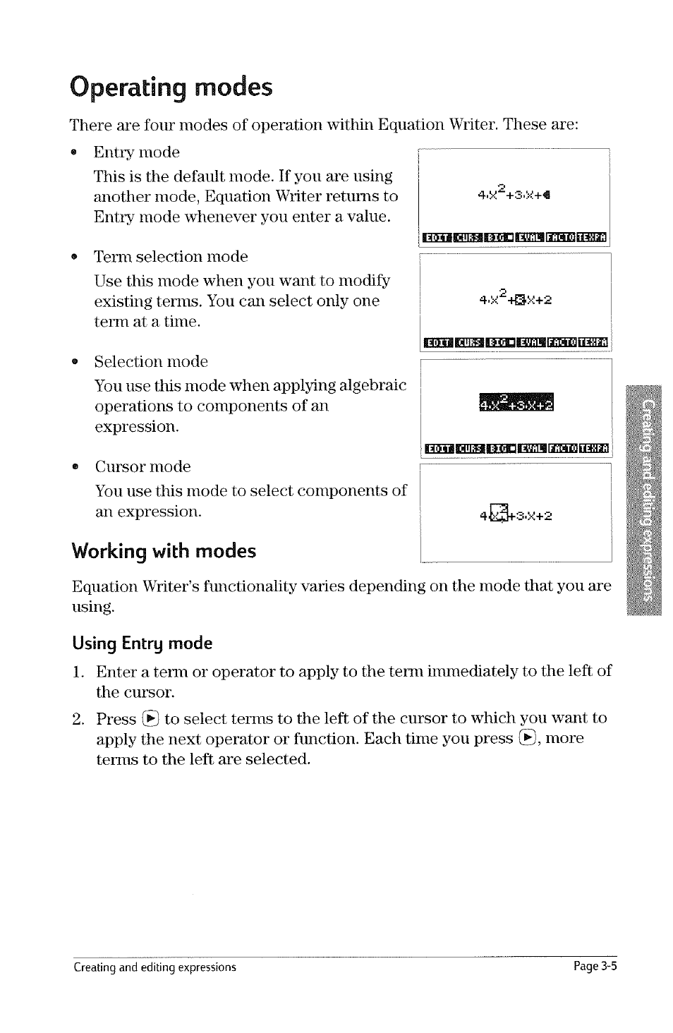Operating modes, Operating modes -5, Working with | Modes, Using entry mode | HP 49g Graphing Calculator User Manual | Page 63 / 242