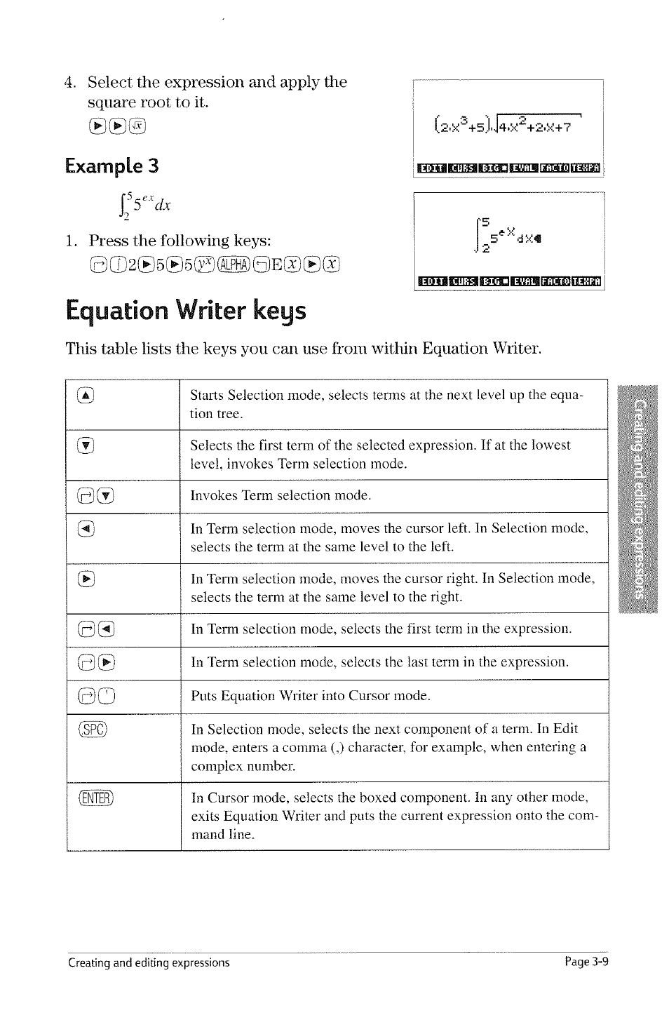 Example 3, Equation writer keys, Equation writer keys -9 | Example -5, Cspc), Enli) | HP 49g Graphing Calculator User Manual | Page 67 / 242