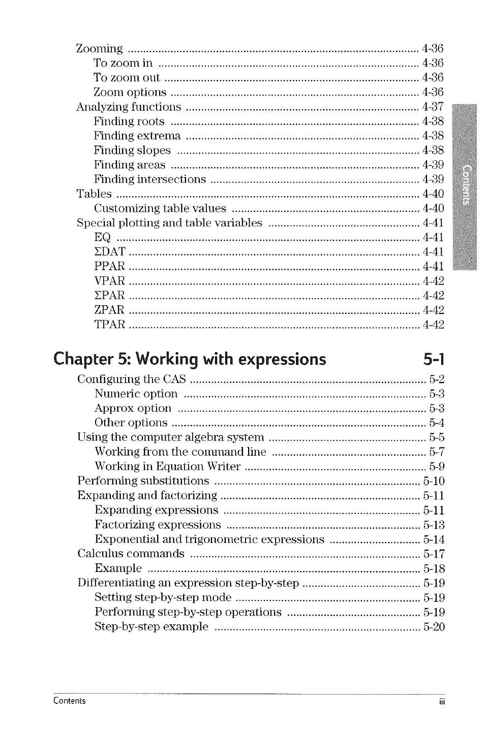 Chapter 5: working with expressions 5-1 | HP 49g Graphing Calculator User Manual | Page 7 / 242