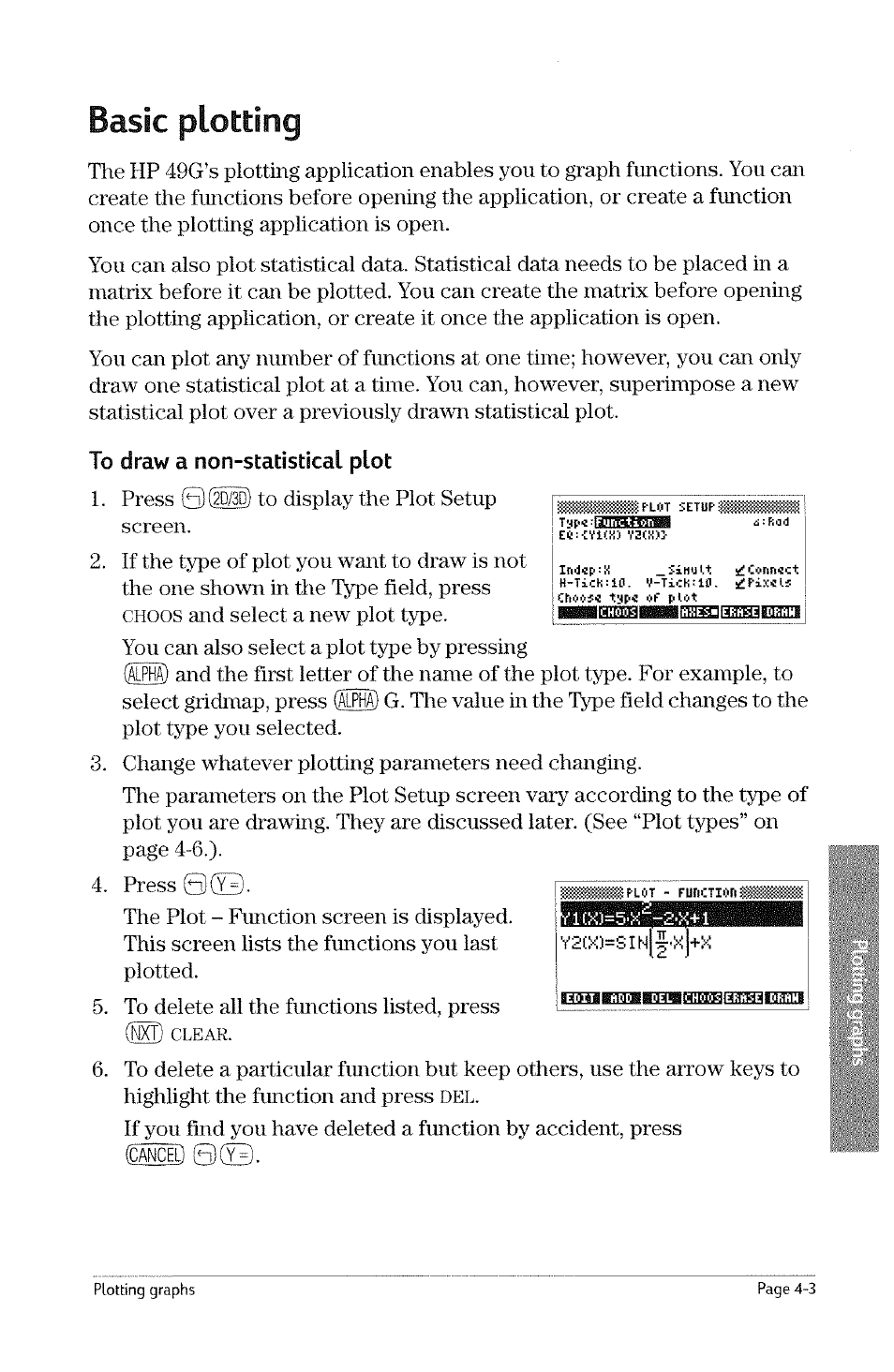Basic plotting, To draw a non-statistical plot, Basic plotting -3 | Choos, Clear | HP 49g Graphing Calculator User Manual | Page 71 / 242