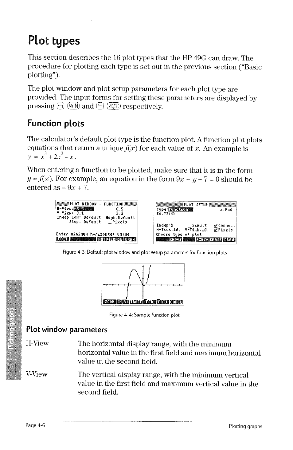 Function plots, Fimction plots -6, Plot types | 0 ds, 9x + y-1 | HP 49g Graphing Calculator User Manual | Page 74 / 242