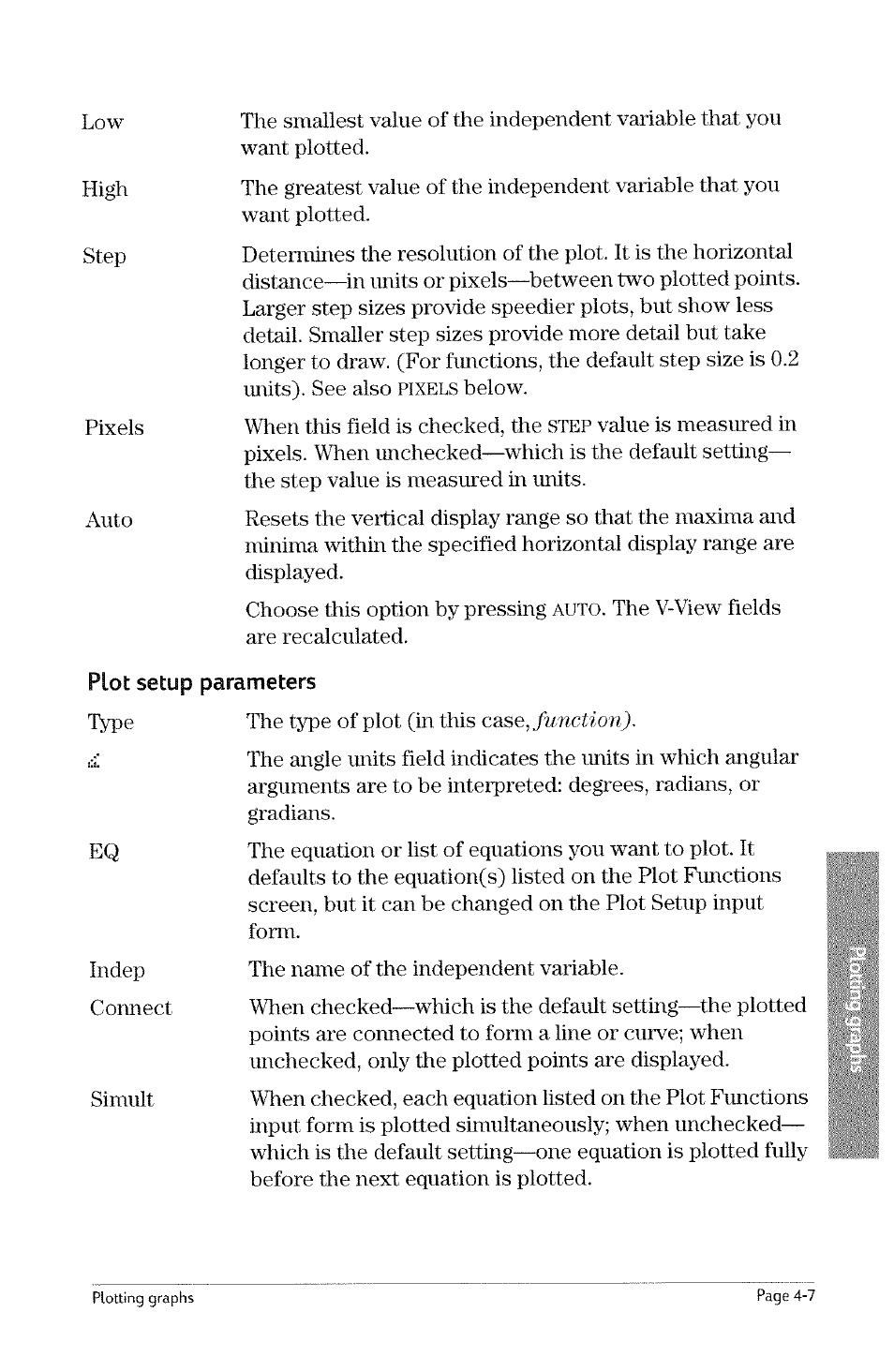 Plot setup parameters, Case, function) | HP 49g Graphing Calculator User Manual | Page 75 / 242