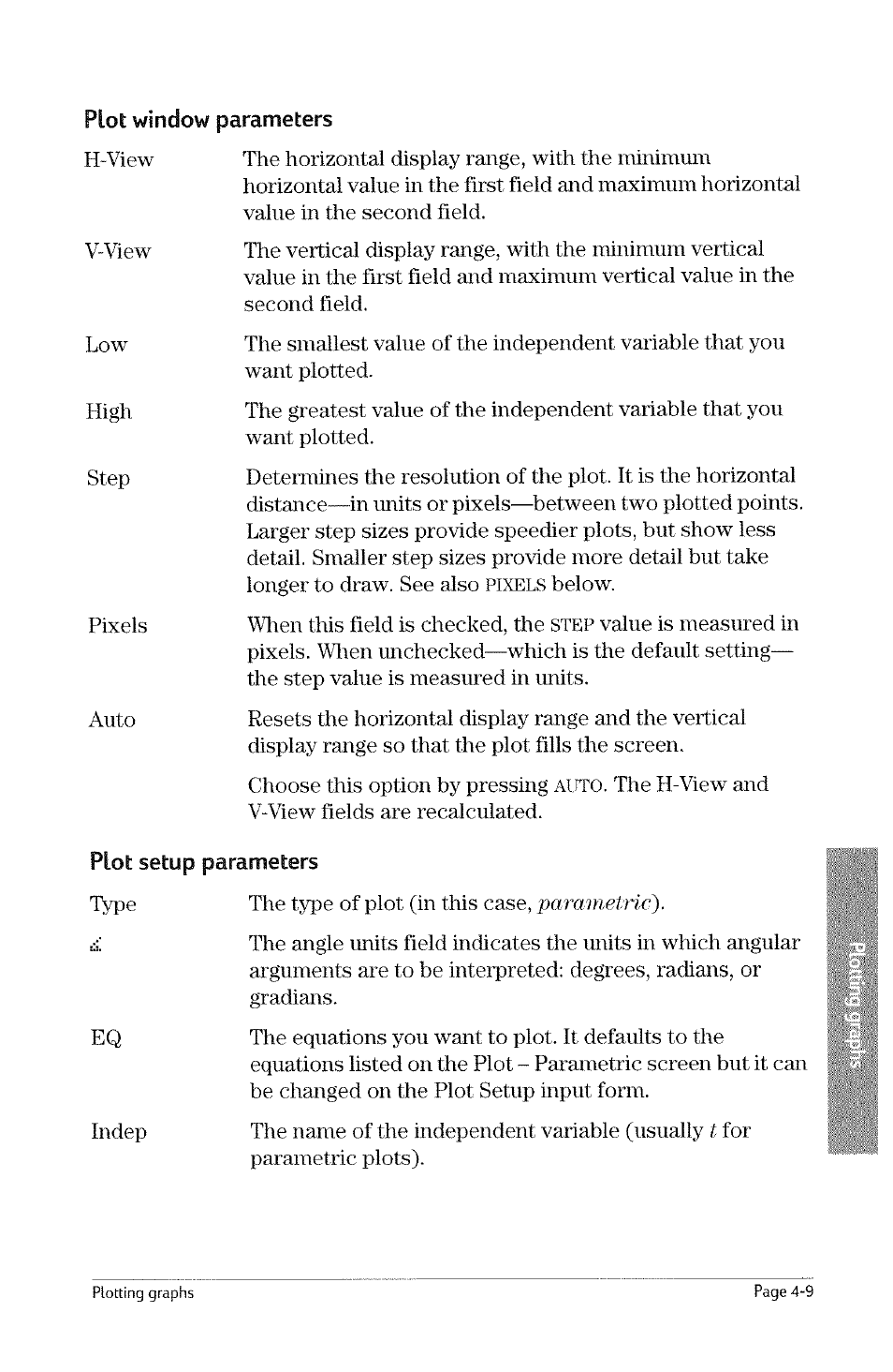 Plot setup parameters, Step, Parametric) | HP 49g Graphing Calculator User Manual | Page 77 / 242