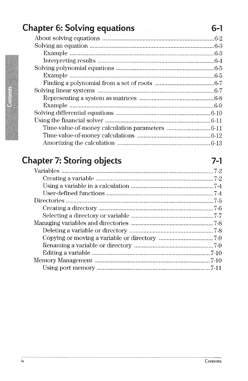 Chapter 6: solving equations 6-1, Chapter 7: storing objects 7-1 | HP 49g Graphing Calculator User Manual | Page 8 / 242