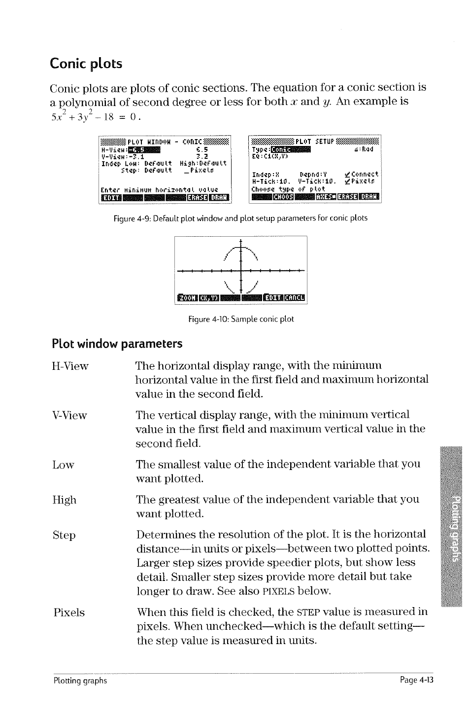 Conic plots, Conic plots -13, Plot window parameters | HP 49g Graphing Calculator User Manual | Page 81 / 242