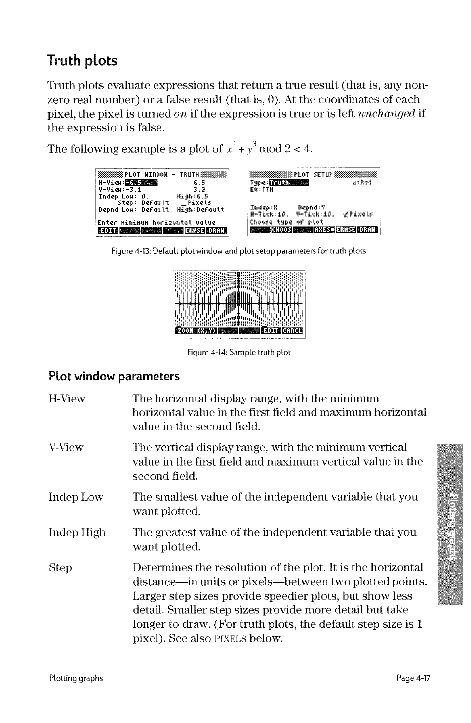Truth plots, Truth plots -17, Unchanged | Pixels, Plot window parameters | HP 49g Graphing Calculator User Manual | Page 85 / 242