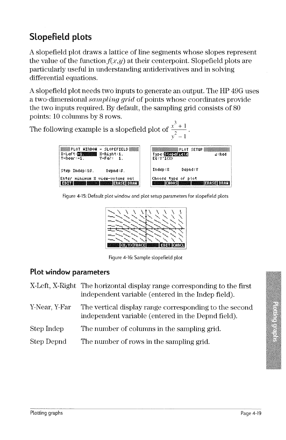 Slopefield plots, Slopefield plots -19, Smnpling grid | Plot window parameters | HP 49g Graphing Calculator User Manual | Page 87 / 242