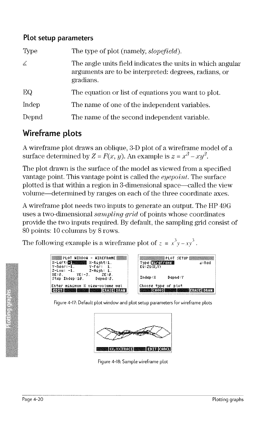 Wireframe plots, Wireframe plots -20, The type of plot (namely, slopefield) | F(pc, y), X^ - xip, Eyepoint, Sampling grid | HP 49g Graphing Calculator User Manual | Page 88 / 242