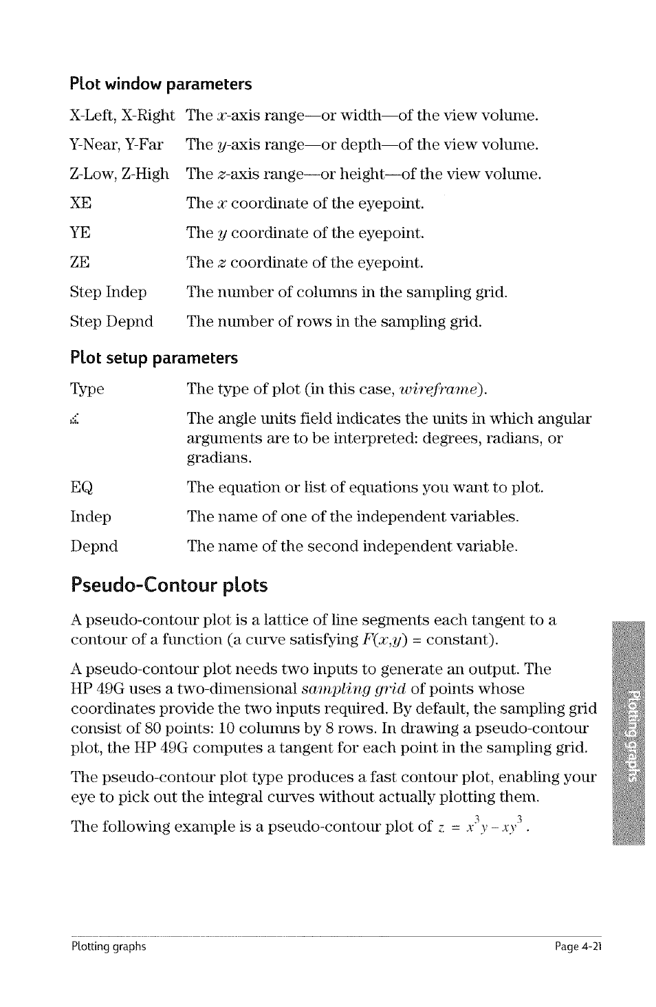 Plot window parameters, Plot setup parameters, Pseudo-contour plots | Pseudo-contour plots -21, Y-axis, Wireframe), F(x,y), Mmpling grid | HP 49g Graphing Calculator User Manual | Page 89 / 242