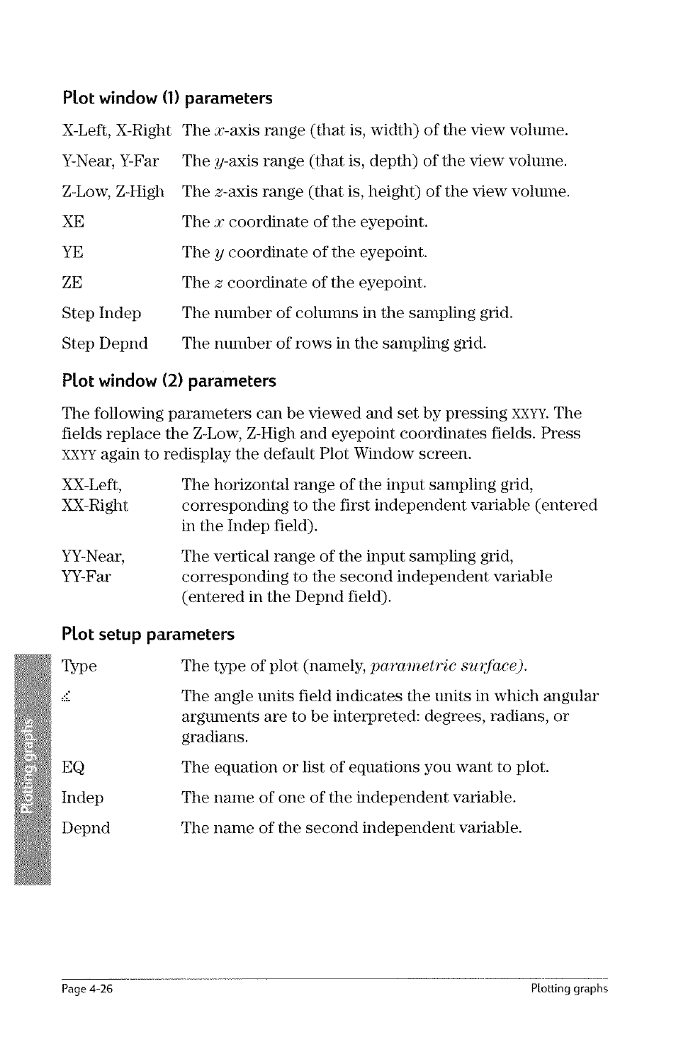 Plot window (1) parameters, Plot window (2) parameters, Plot setup parameters | Y-axis, Para'inetric surface), Xxyy | HP 49g Graphing Calculator User Manual | Page 94 / 242