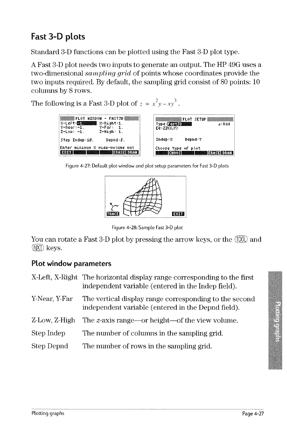 Plot window parameters, Fast 3-d plots, Z-hish | Stip | HP 49g Graphing Calculator User Manual | Page 95 / 242