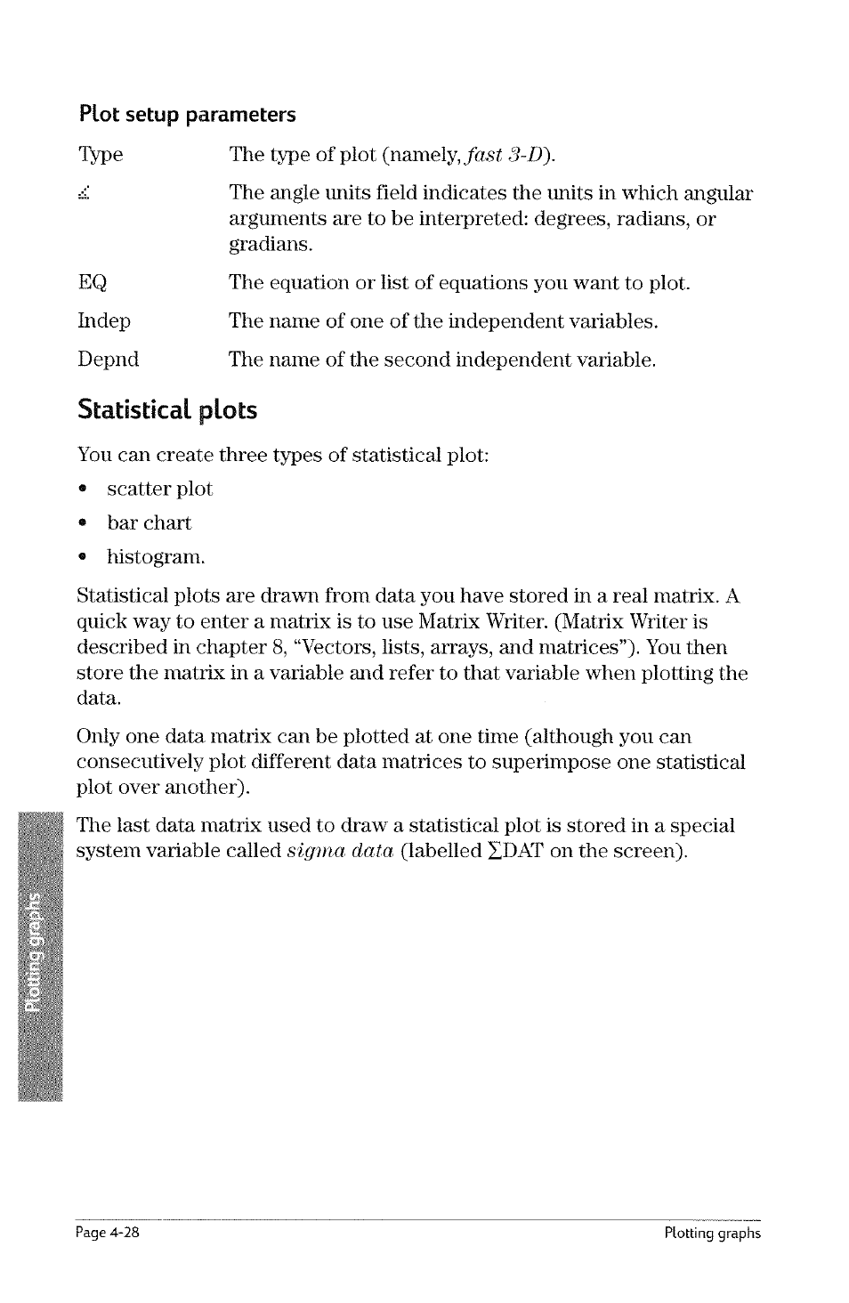 Statistical plots, Statistical plots -28, The type of plot (namely,/así 5-d) | HP 49g Graphing Calculator User Manual | Page 96 / 242