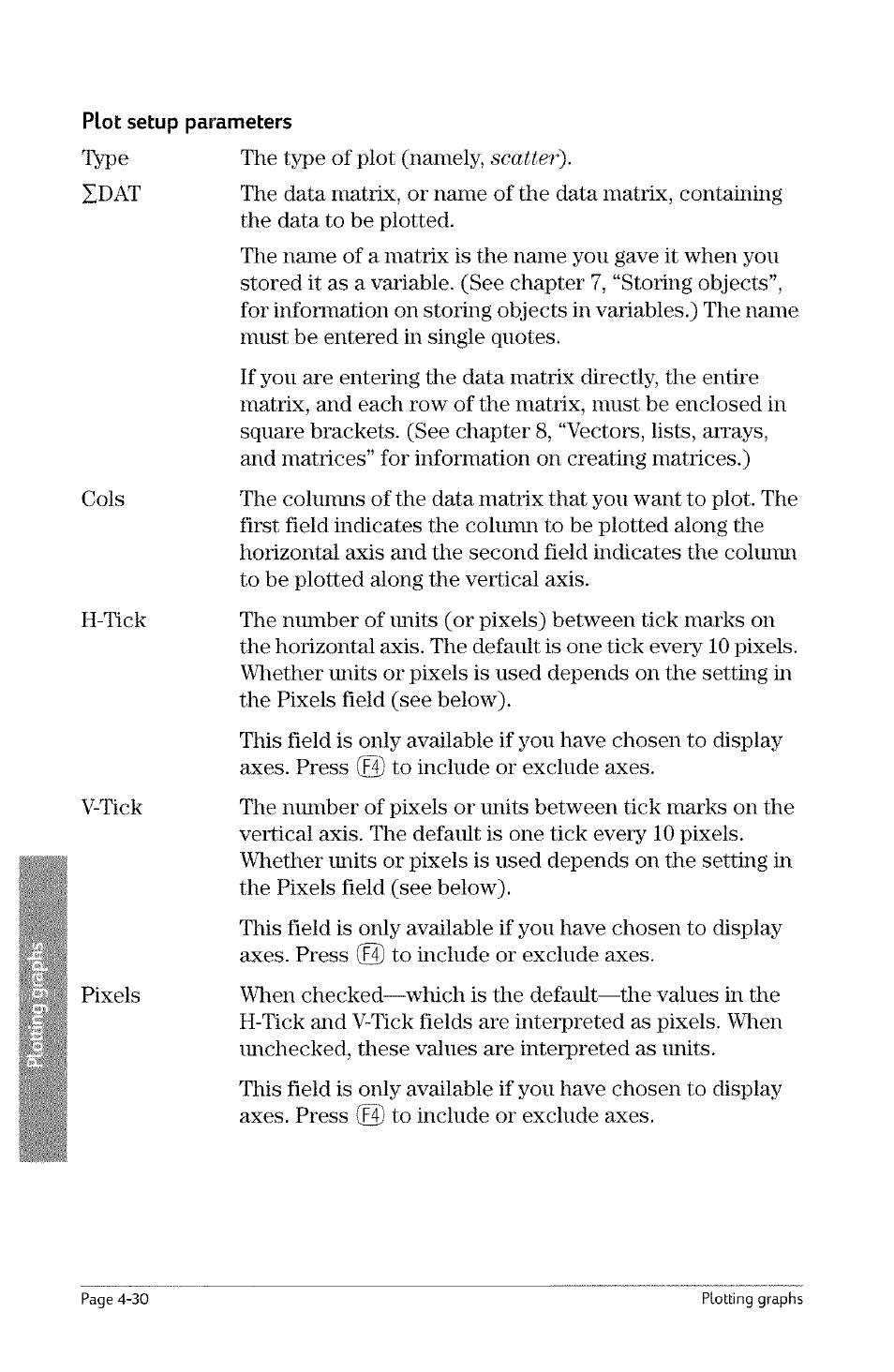 The type of plot (namely, scatter'), Plot setup parameters | HP 49g Graphing Calculator User Manual | Page 98 / 242