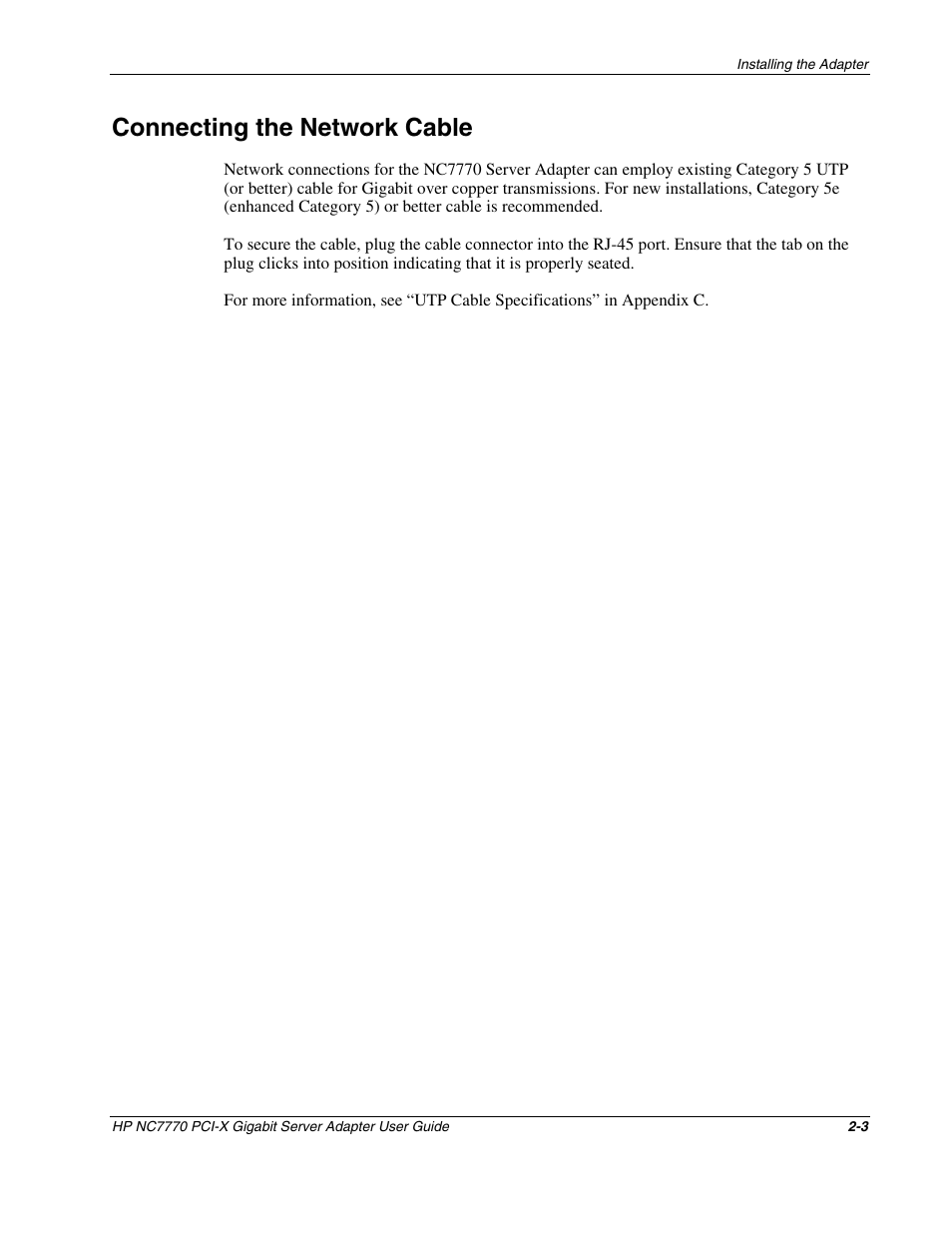 Connecting the network cable, Connecting the network cable -3 | HP NC7770 PCI-X Gigabit Server Adapter User Manual | Page 11 / 22