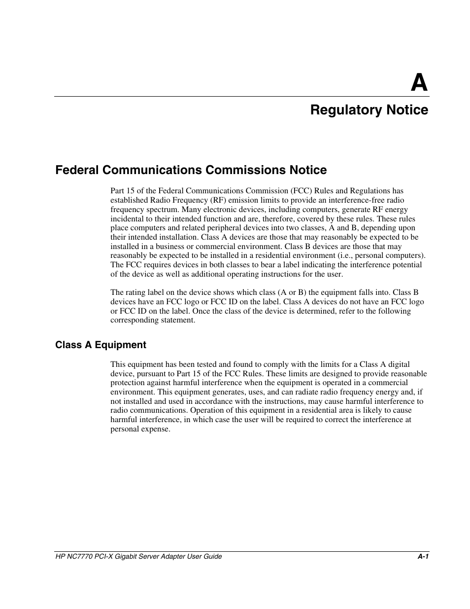 Appendix a: regulatory notice, Federal communications commissions notice, Class a equipment | Appendix a, Regulatory notice | HP NC7770 PCI-X Gigabit Server Adapter User Manual | Page 12 / 22