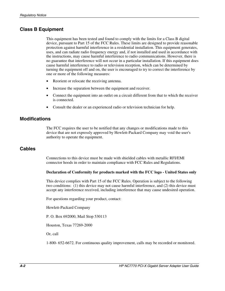Class b equipment, Modifications, Cables | HP NC7770 PCI-X Gigabit Server Adapter User Manual | Page 13 / 22