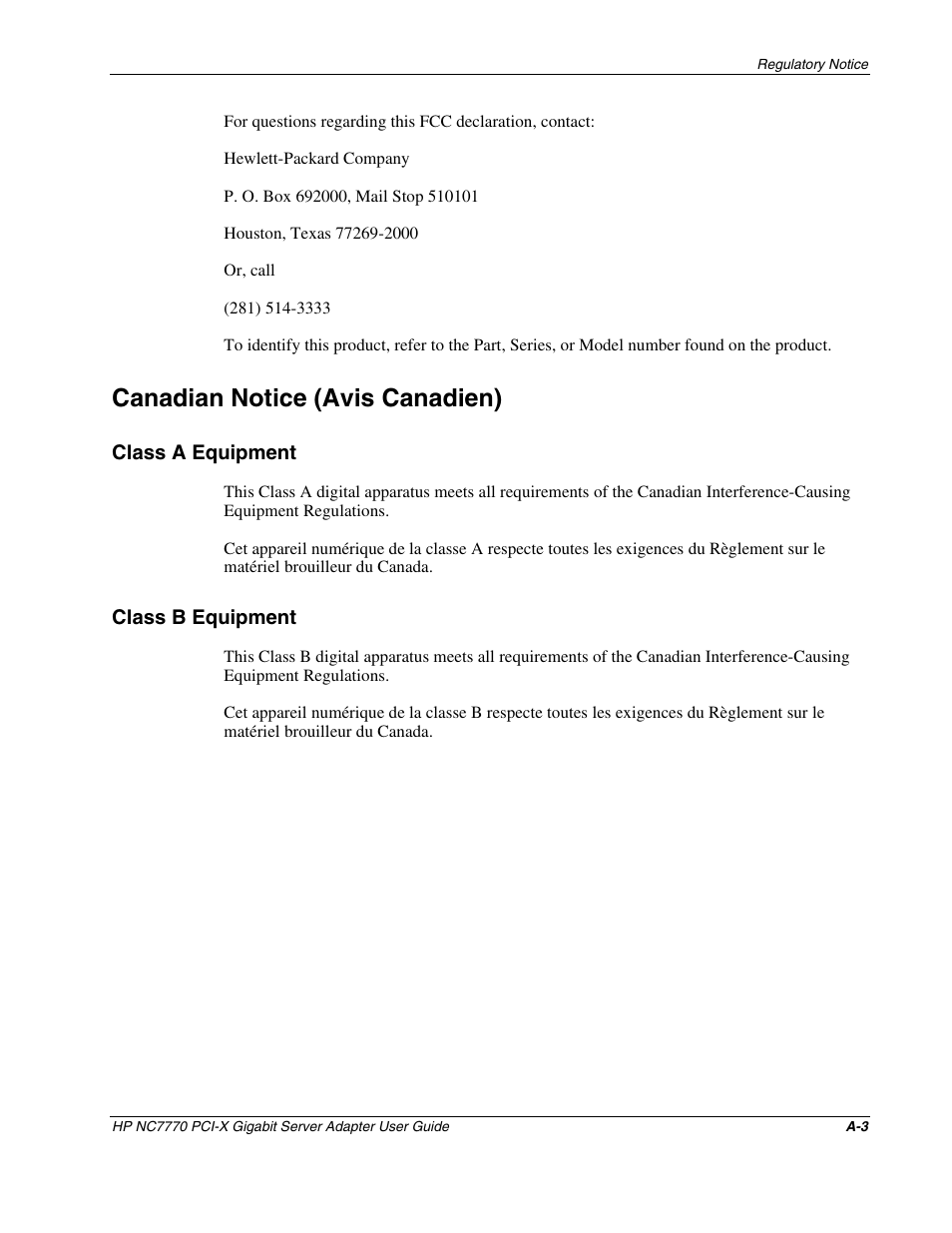 Canadian notice (avis canadien), Class a equipment, Class b equipment | HP NC7770 PCI-X Gigabit Server Adapter User Manual | Page 14 / 22