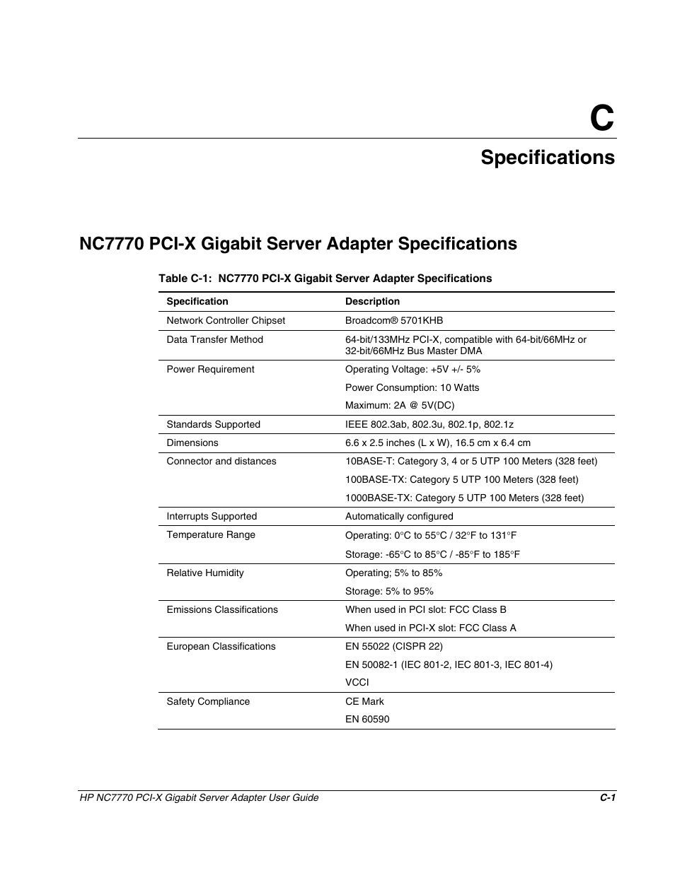 Appendix c: specifications, Nc7770 pci-x gigabit server adapter specifications, Appendix c | Specifications | HP NC7770 PCI-X Gigabit Server Adapter User Manual | Page 18 / 22