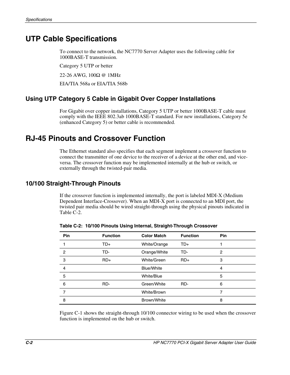 Utp cable specifications, Rj-45 pinouts and crossover function, 10/100 straight-through pinouts | HP NC7770 PCI-X Gigabit Server Adapter User Manual | Page 19 / 22