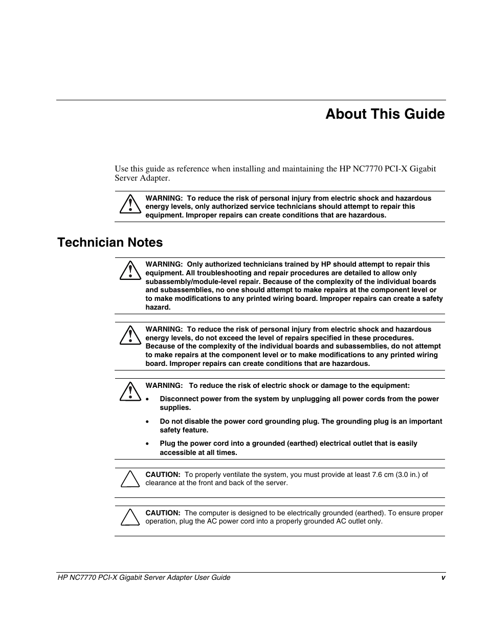 About this guide, Technician notes | HP NC7770 PCI-X Gigabit Server Adapter User Manual | Page 5 / 22