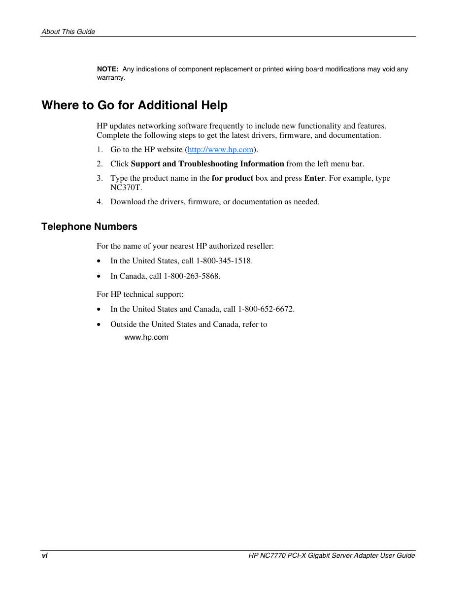 Where to go for additional help, Telephone numbers | HP NC7770 PCI-X Gigabit Server Adapter User Manual | Page 6 / 22