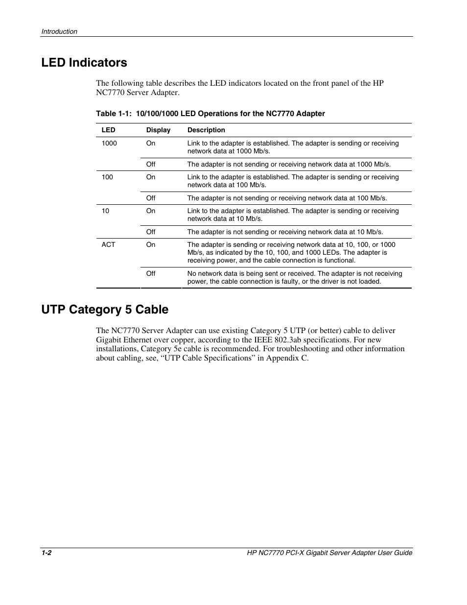 Led indicators, Utp category 5 cable, Led indicators -2 | Utp category 5 cable -2 | HP NC7770 PCI-X Gigabit Server Adapter User Manual | Page 8 / 22