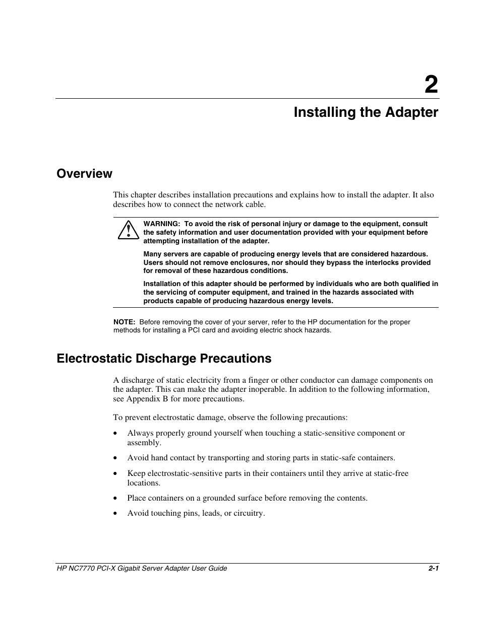 Chapter 2: installing the adapter, Overview, Electrostatic discharge precautions | Chapter 2, Installing the adapter, Overview -1, Electrostatic discharge precautions -1 | HP NC7770 PCI-X Gigabit Server Adapter User Manual | Page 9 / 22