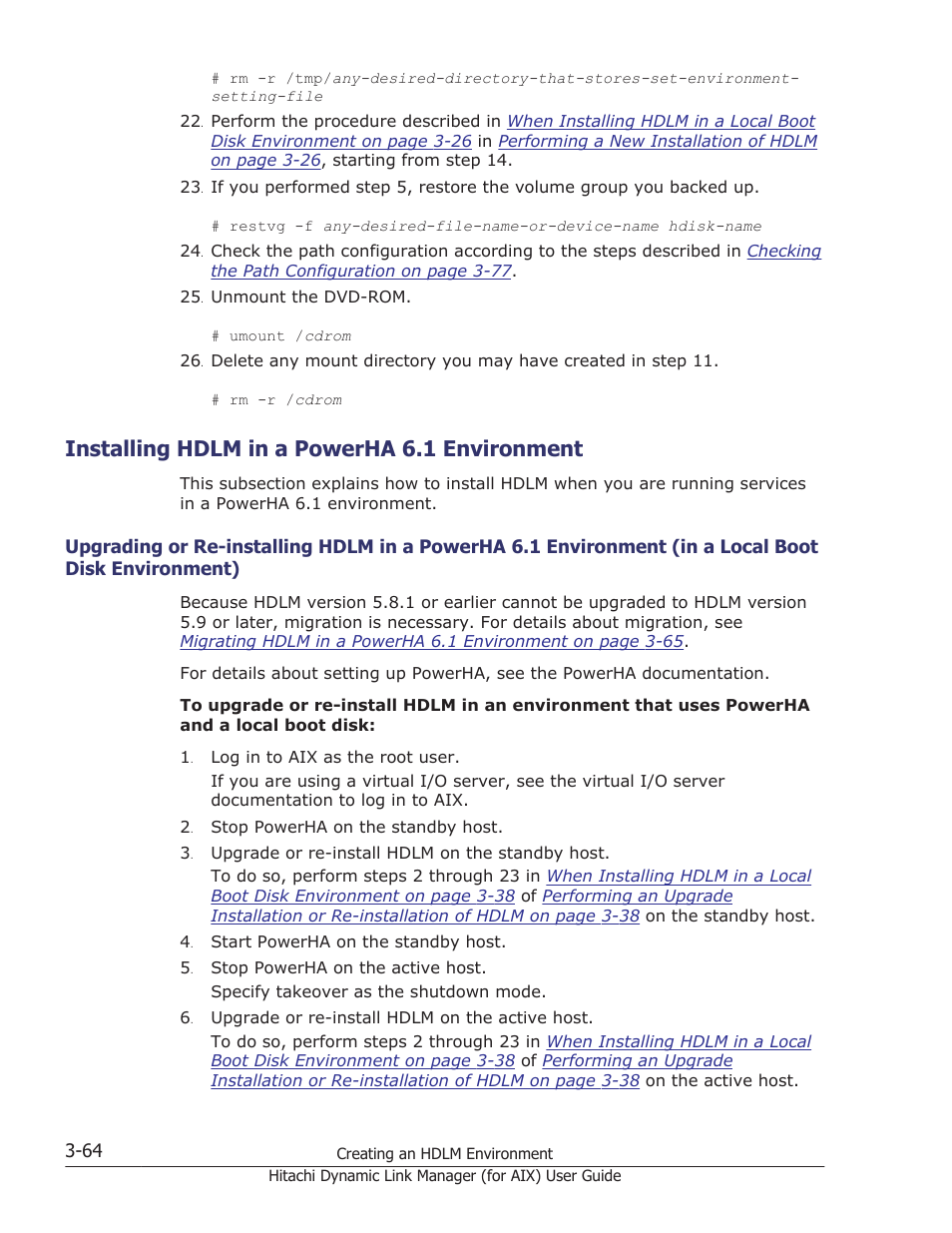 Installing hdlm in a powerha 6.1 environment, Installing hdlm in a powerha 6.1 environment -64, Boot disk environment) -64 | Installing hdlm in a | HP XP Racks User Manual | Page 130 / 504