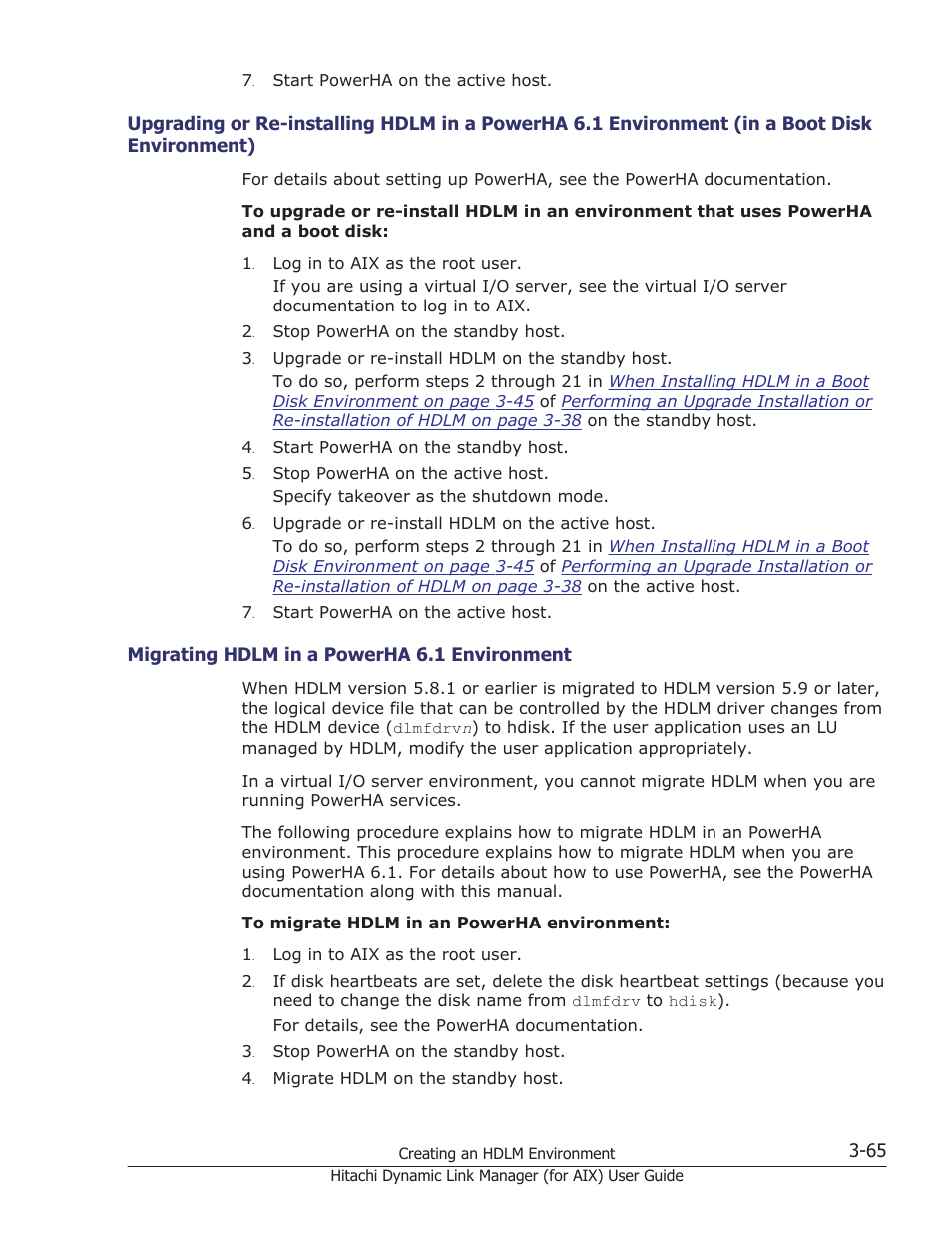Disk environment) -65, Migrating hdlm in a powerha 6.1 environment -65 | HP XP Racks User Manual | Page 131 / 504